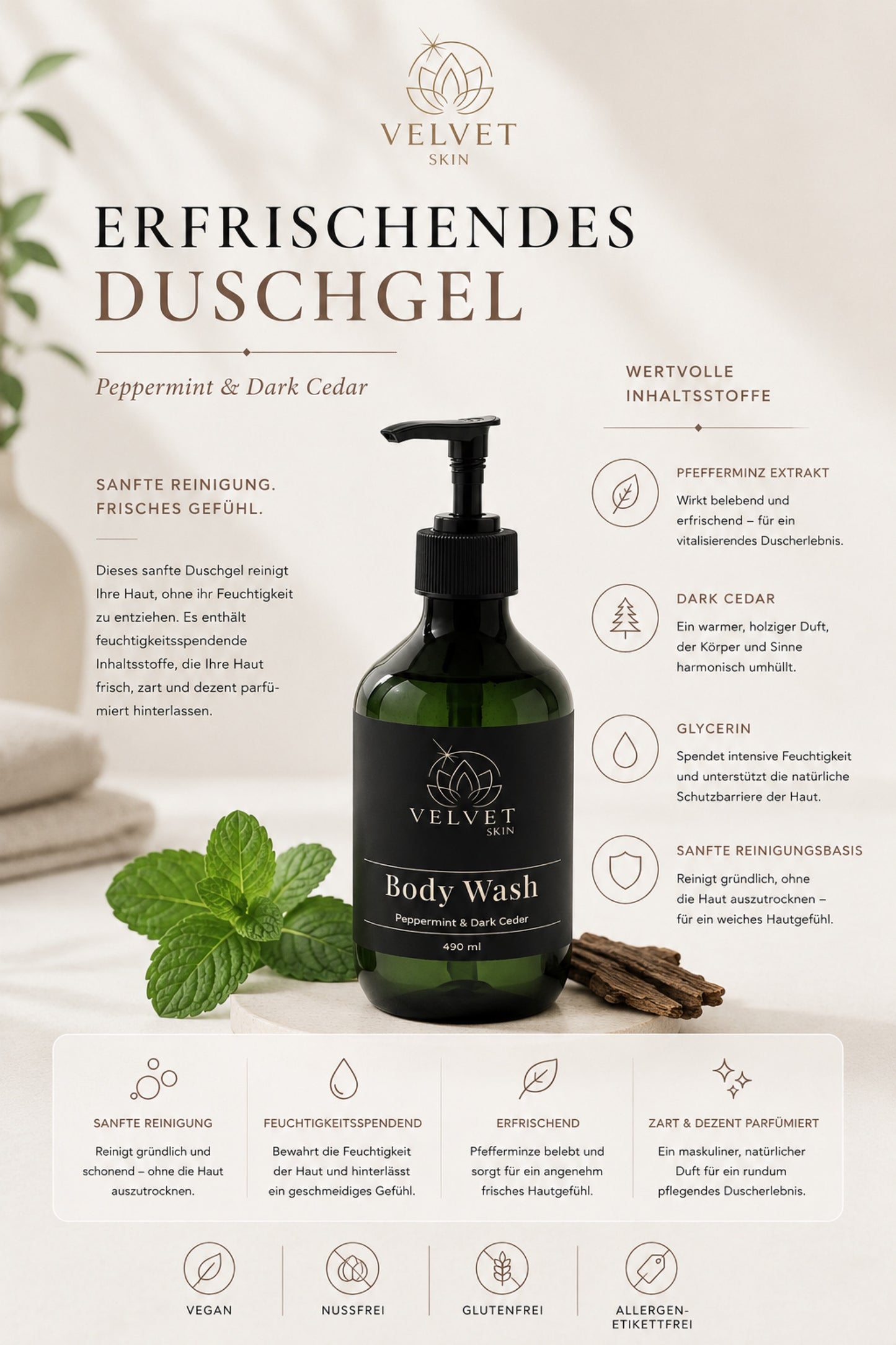 Body Wash, Peppermint & Dark Cedar